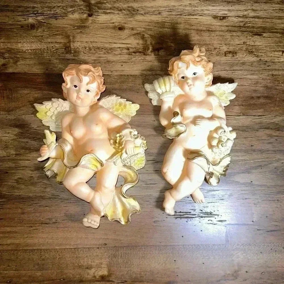 Angels Set of 2 Cherub Resin VINTAGE Wall Hanging Home Accent Decor Plaques - Picture 2 of 16